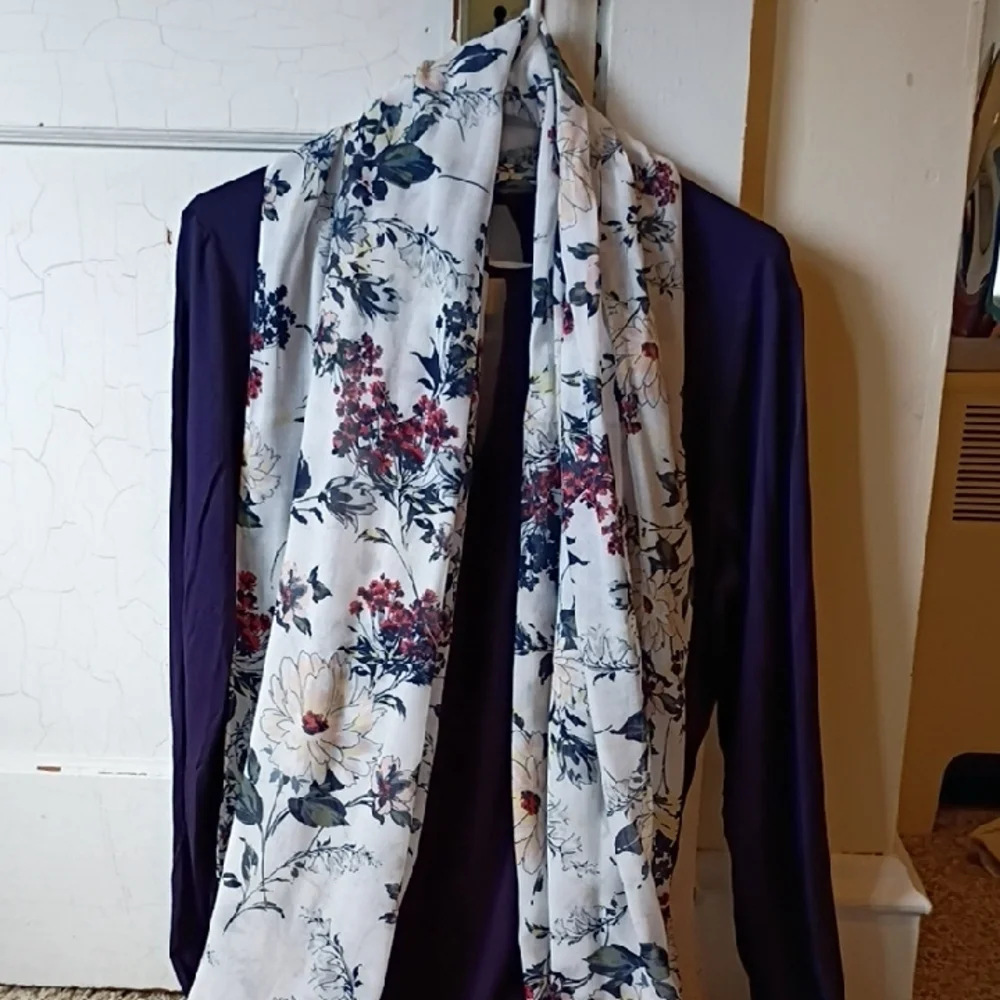 Loft Fashion White Floral Scarf with Navy & Burgundy Accents